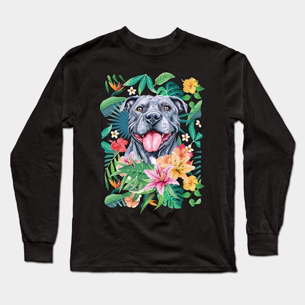 Tropical Gray Pit Bull Pitbull Long Sleeve T-Shirt by LulululuPainting